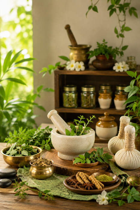 Traditional herbal ingredients and a mortar and pestle