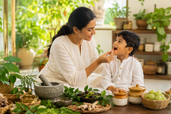 Child and parent in an Ayurvedic wellness setting