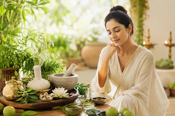 Woman in a calm herbal wellness setting