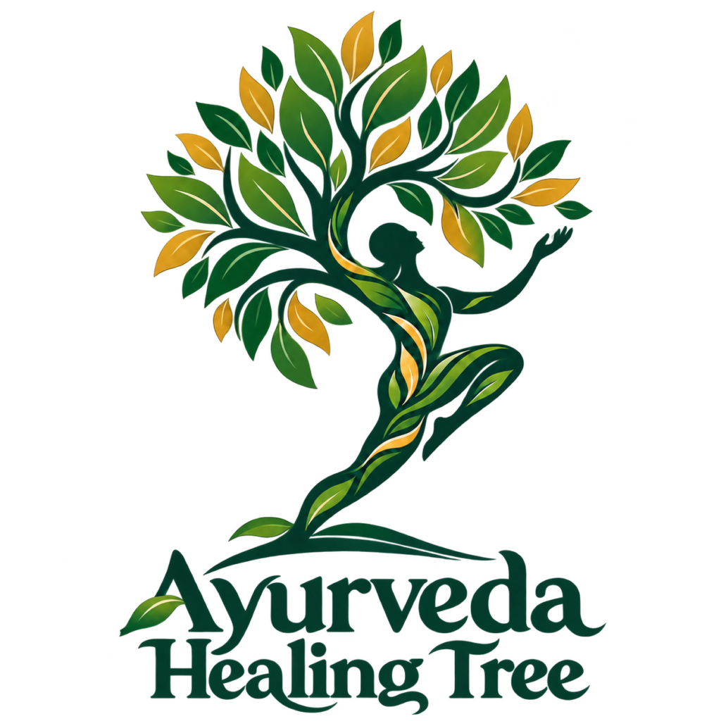 Green and gold tree with a human figure — Ayurveda Healing Tree wellness illustration