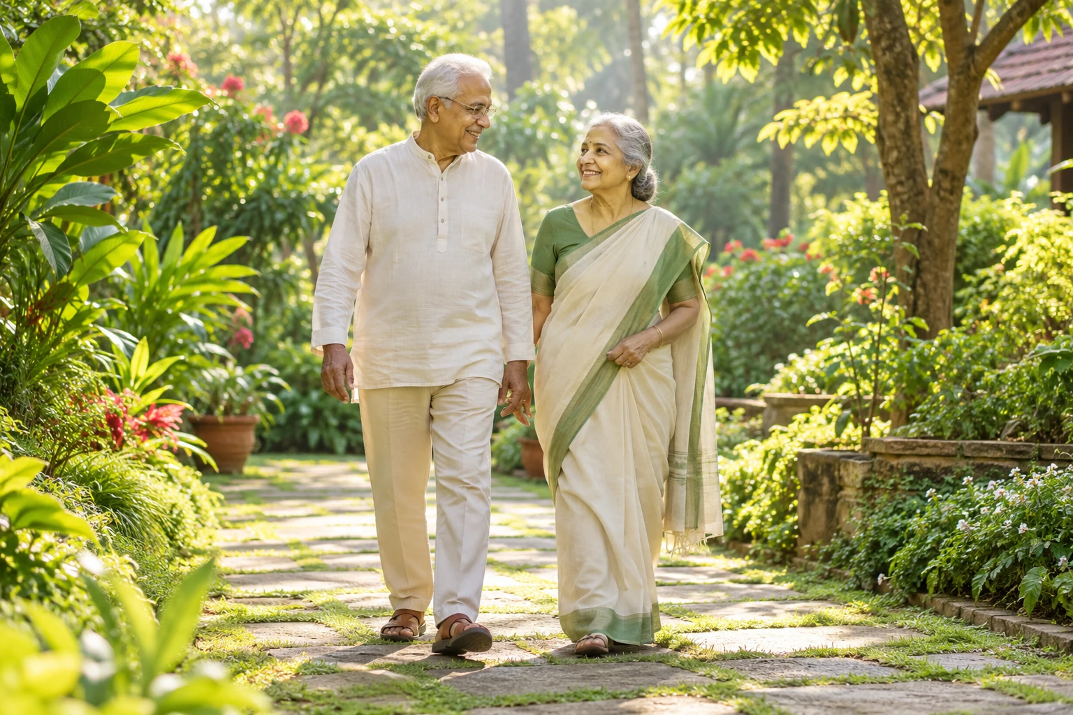 Older couple walking in a garden