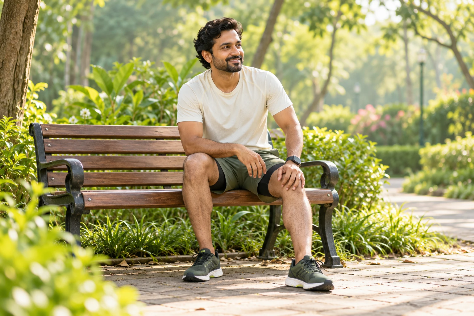 Runner resting on a garden bench